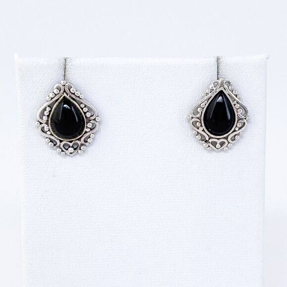 Vintage Sterling Silver 925 Avon Black Onyx Filigree Earrings - Picture 2 of 7